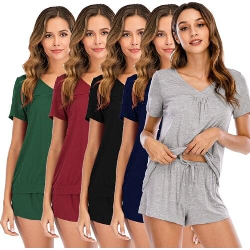Witbuy Modal Short Pajamas Set Plus Women Summer Night Wear Solid V Neck Elasticated Waist Comfortable Female Home Sleepwear