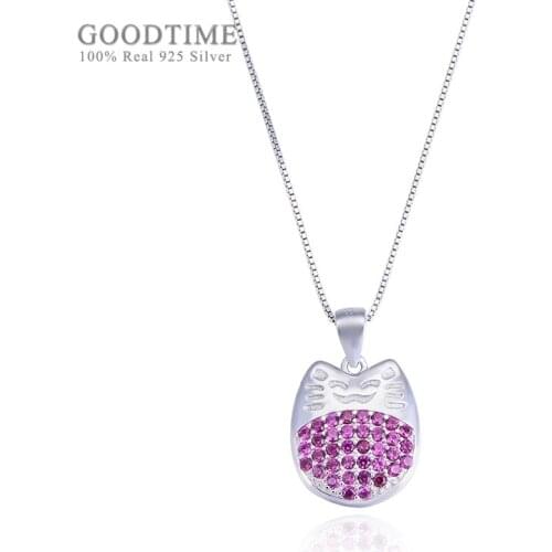 Fashion Women Pure 925 Sterling Silver Necklaces Clavicle Little Cat Kitten Zircon Pendant Necklaces Chain Jewelry Accessory