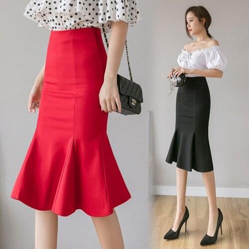 Women 2021 Summer Fashion New High Waist Slim Skirts Female Solid Color Fishtail Skirts Ladies Mid-long Ruffled Skirts E266