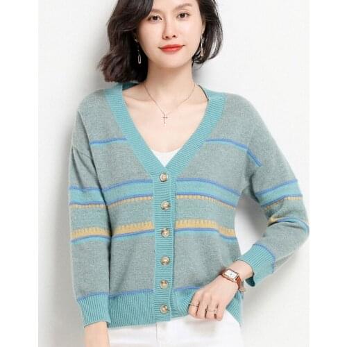 2021 New Ladies Cashmere Color-blocking Cardigan V-neck Sweater Spring and Autumn Winter Womens long-Sleeved Wool Knit Solid Co