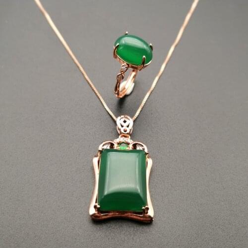 Jadery Silver 925 Jewelry Sets Vintage Natural Green Jade Emerald Ring/Necklace For Women Rose Gold Sterling Silver Fine Jewelry