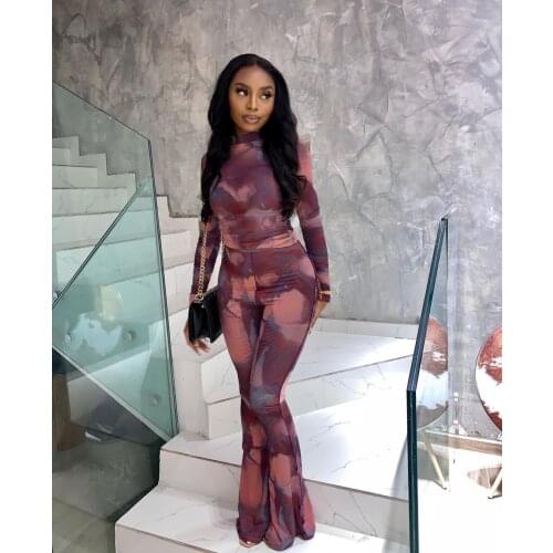 2021 Best Quality Famous Brand 2 pcs Women Set Tie Dye O-neck Long Sleeve Tops Long Pants Office Lady outfits