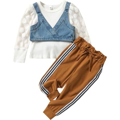 0-5Y Casual Toddler Girl Clothing Set Dot Mesh Puff Long Sleeve Knit Sweater+Bandage Denim Vest+Stripe Long Pants Fall 3pcs