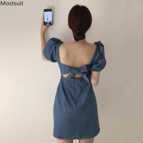 Summer Sexy Blue Denim Mini Dress For Women Puff Sleeve Backless Lace Up Tunic Square Collar Dresses Elegant Korean Party Dress