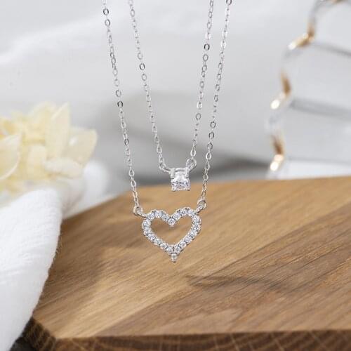 Womens Silver Color Cute Double Laye Heart Pendant Necklace Charm Crystal CZ Necklace Wedding Jewelry Party Gifts