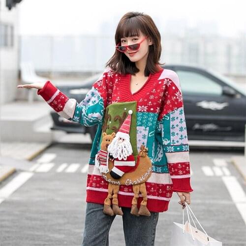Winter and Autumn Knitted Woman Sweaters Europe Station Christmas Cartoon Patchwork Casual Loose Thick Pullover Plus Size Tops