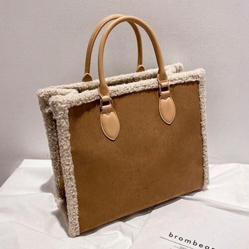 Large Winter SHopper Bag with Top Handles Womens Handbag with Lambswool Tote Shoulder Purse Handbags Womens Bag Wool