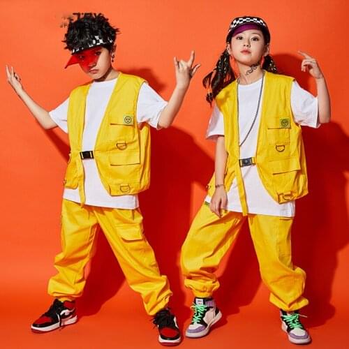 2020 Jazz Dance Costumes For Kids Yellow Vest Hiphop Pants Suit Performance Clothes Hip Hop Dancing Clothes Street Wear DQS4916