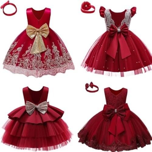 Christmas Red Dresses for Baby Girls Lace Prom Ball Gown for Infant Girls Clothes Wedding Evening Formal Dresses for Girls