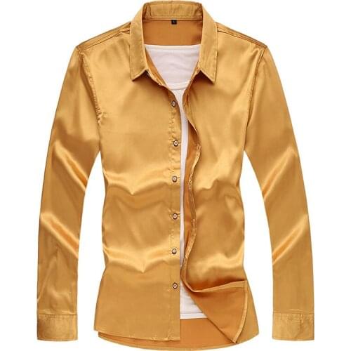 2020 Large Solid Color Silk Men Dress Shirt Youth Long Sleeve Mens Shirts Casual Slim Fit