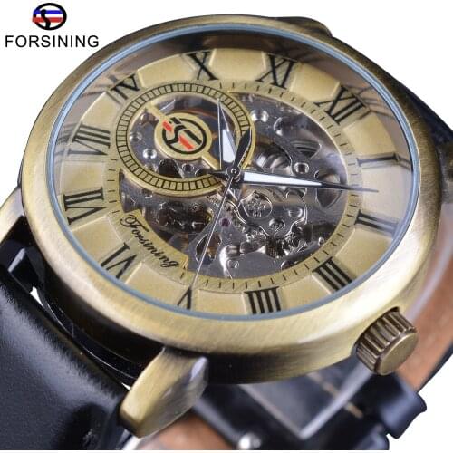 Forsining Mens Mechanical Watches Classic Fashion Skeleton Steampunk Wristwatch Genuine Leather Belt Luminous Hands Male Clock