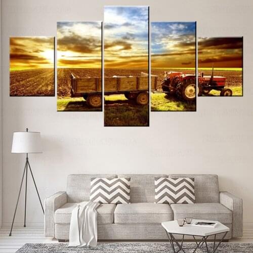 On The Wall Decorative Pictures 5 Panel Modern Artwork Sun Landscape Sky Cloud Tractor Vehicles Posters On Canvas Printing Type