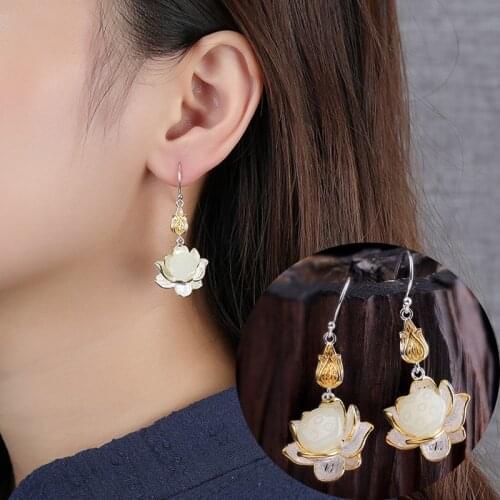 Real 925 Sterling Silver colour Natural Jade Lotus For Women Elegant & Luxury Drop Earrings Fashion Jewelry Birthday Gift
