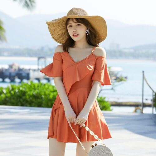 New one-piece skirt swimsuit blue with breast pad fashion hot spring cover your belly Korean slim cover your belly swimwear bath