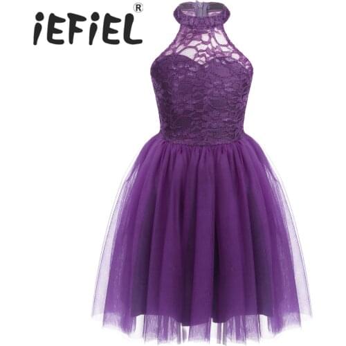 6-14 Years Kids Girls Flower Dress Sleeveless Halterneck Floral Lace Tulle Mesh Princess Dress for Wedding Bridesmaid Party