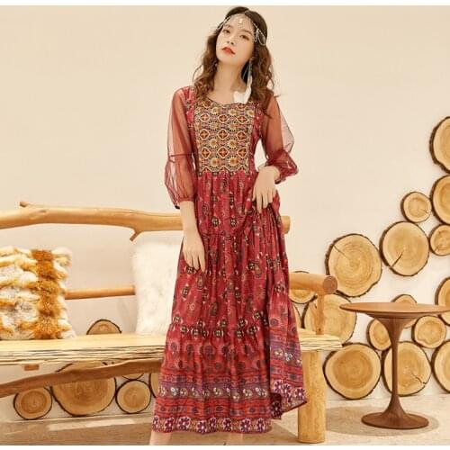 2020 summer womens dress retro embroidery mesh stitching printed dress Korean version bohemian travel beach long dress