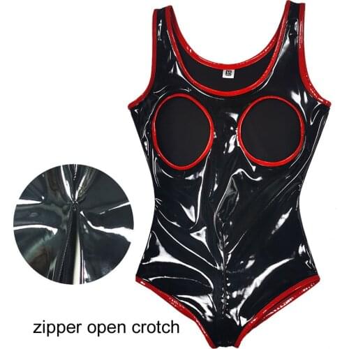 Wet Look Shiny PVC Catsuit Hollow Out Zipper Open Crotch Bodysuit Hot Sexy Pole Dance Night Clubwear Bikini Swimwear Bodys Tops