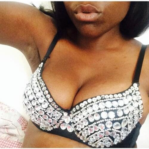 Sexy Bras Women Push Up Luxury Rhinestone Sequined Bra Lady Silver Punk Studded Sponge Dance Bras For Show Party