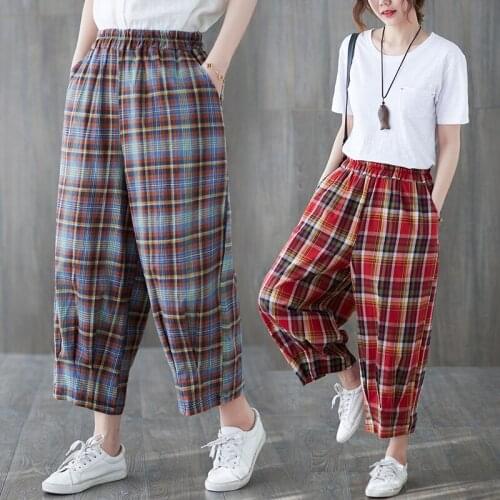 High Waist Harem Pants 2021 New Arrival Colorful Plaid Fashion Women Pants Cotton Linen Lady Summer Loose Casual Pants trousers
