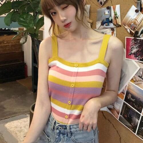 Tanks Women Top Striped Rainbow Color Camisole Street Style Knitwear Crop Top Girls Y2k Fashion Tank Sexy Slim Stretchy Clothes