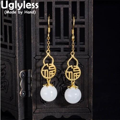 Uglyless Natural Jade Balls Dangles Earrings for Women Hotan Gemstones Jewelry Hollow China Chic RUYI Gourd Brincos 925 Silver