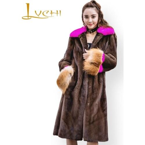 LVCHI Winter 2019 Female Fox Fur Sleeve Colorful Elegant Long Real Mink Fur Coats Womens Turn-Down Collar Contrast Color Coats