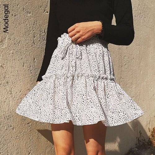 Modegal Womens Vintage Chiffon Mini Skirts A Line High Waisted Dot Print Ruffle Short Pleated Skirt Streetwear