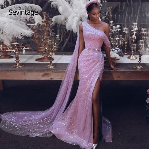 Sevintage vestido para formatura Pink Bling Bling Sequined Evening Dresses Off the Shoulder Formal Party Prom Gown Court Train