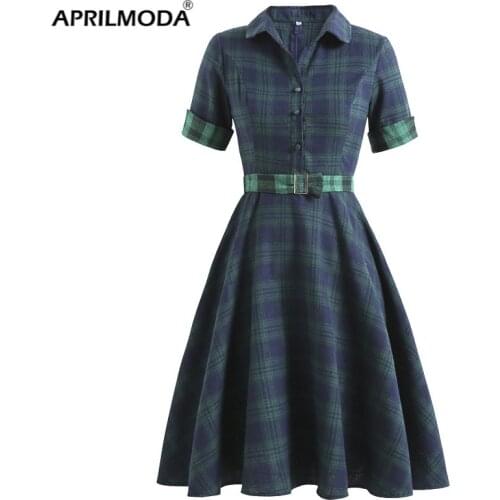 Elegant Vintage Pinup Swing Women Dress Turn Down Collar Plaid Printed England Style Business Party Flare A-Line Retro Dresses