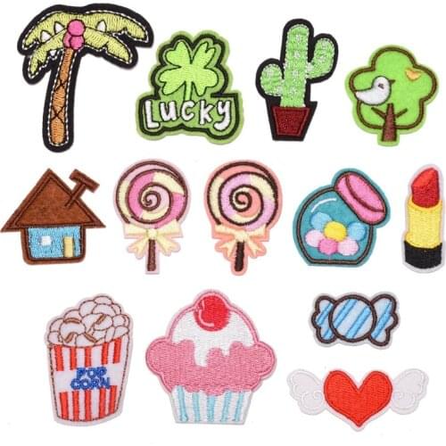 100pcs/lot Embroidery Patch Letter Clothing Decoration Bird Tree Cactus Coconut Candy Heart House Cake Lipstick Clover Iron