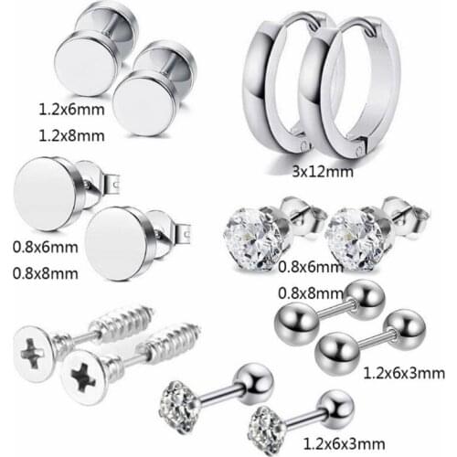 14pcs Earring Set Hoop Stud Stainless Steel for Men Unisex Punk Gothic Barbell Ear Clip Ear Buckle Korean Hip Hop Boy Jewelry