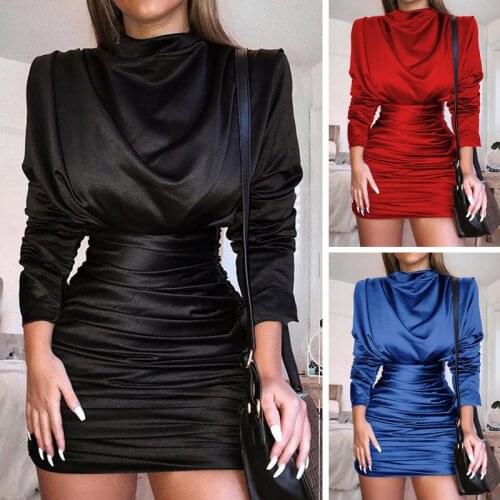 2020 Women Sexy Long Sleeve High Neck High Waist Bodycon Sexy Mini Dress Spring Autumn Women Fashion Party Elegant Clothes