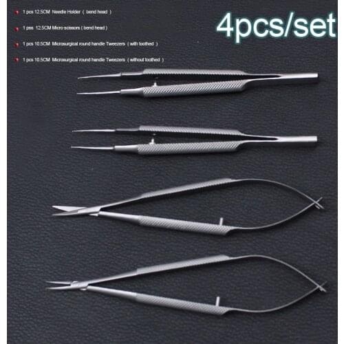 4pcs/set ophthalmic microsurgical instruments 12.5cm scissors+Needle holders +tweezers stainless steel surgical tool
