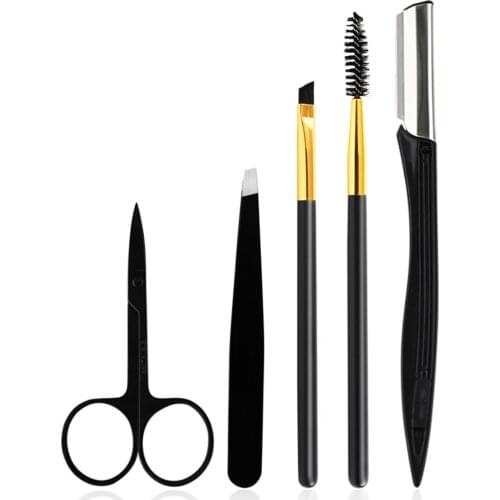 5pcs/Set Eyebrow Set Stainless Steel Tweezers Scissors Eyebrow Brush Shaver Eyelash Brush For Eyebrow Grooming Trimming Tool