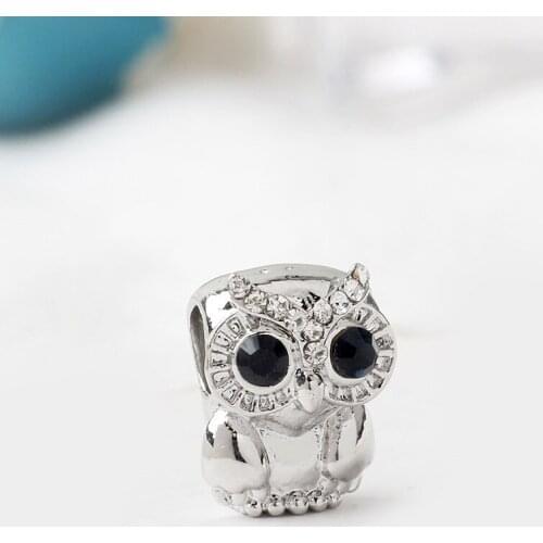5PCS Wholesale Blue Crystal Eye Animal Charm Lovely Owl Zinc Alloy Loose Beads Fit Original Bracelets Women DIY Jewelry Making