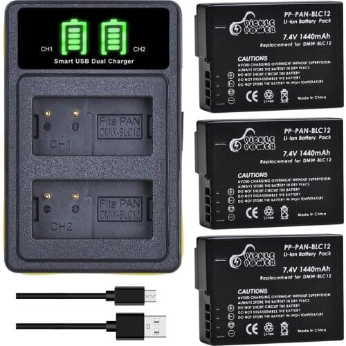 3Pcs DMW-BLC12 BLC12 DMW-BLC12E BLC12PP Battery + Type-C Dual Charger for Panasonic Lumix DMC G85 FZ200 FZ1000 G5 G6 G7 GH2 GX8