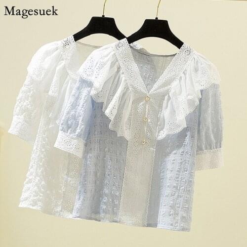 Plus Size Summer Women Clothing 2021 Hollow Lace Short Sleeve Blouses Ruffled V Neck Loose Shirt Woman Sweet Elegant Tops 14211