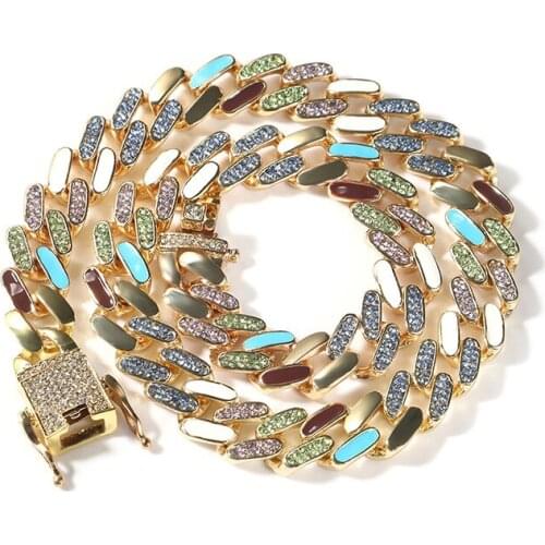 Hip Hop Rhinestones Paved Bling Iced Out 12MM Dripping Oil Round Cuban Miami Link Chain Necklaces for Men Rapper Jewelry