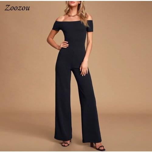 Black Off Shoulder Jumpsuit Stretch Slash Neck Fitted Bodice Wide-Leg Jumpsuit Plus Size Bodycon Long Straight Rompers Custom