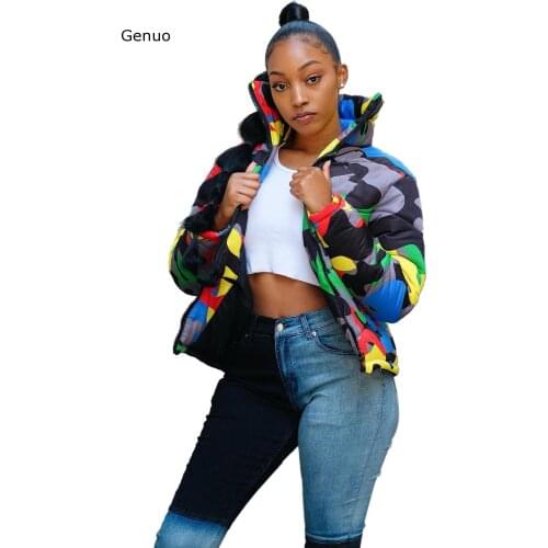 Women Plus Size S-4XL Camouflage Print Winter Wear Bubble Parkas Coat Outerwear Fashion Cropped Puffer Down Warm Coats Tops
