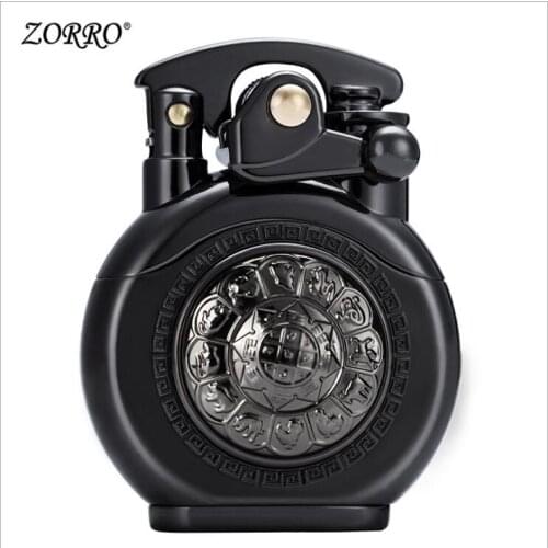 Zorro Kerosene Lighter Pure Copper Brass Carving Classic Pattern Gasoline Lighter Rotate Toy Men Gift Outside Tool