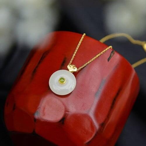 Natural Hetian Jade Peace Buckle White Jade Pendant S925 Sterling Silver round Jade Necklace Safe Gift Accessories Wome