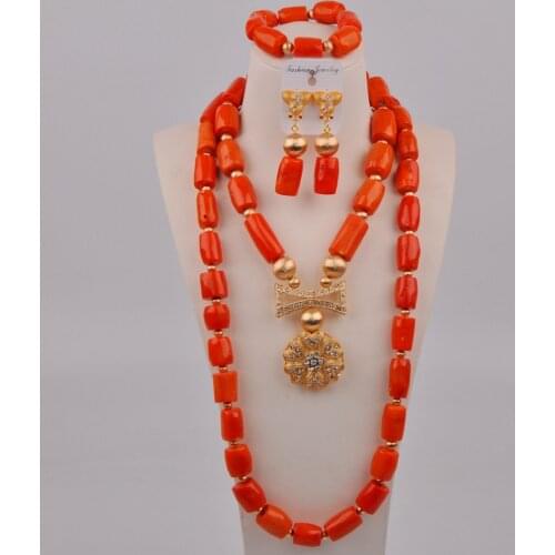 Fashion Nigerian Wedding Coral Necklace Orange Coral Beads African Jewelry Set for Women 11-C01