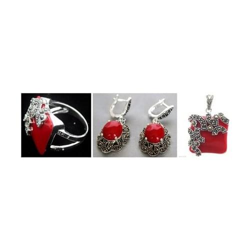 Fashion designed Red Carved Lacquer Marcasite 925 Sterling Silver Oval Ring(#6-9) Earrings & Pandent jewelry sets