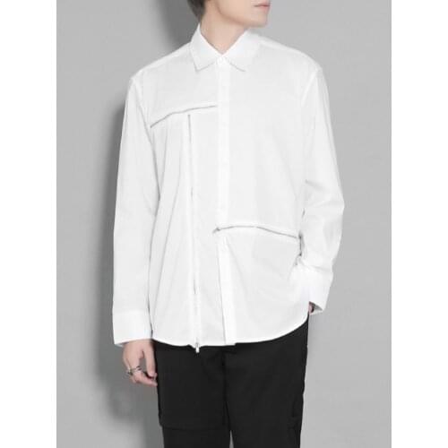 Mens Long-Sleeve Shirt Spring New Lapel White Irregular Zipper Splicing Design Youth Fashion Trend Casual Versatile Version