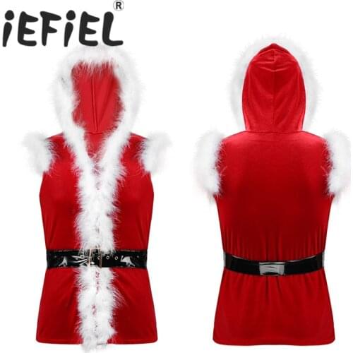 Mens Christmas Santa Claus Costume Cosplay Santa Claus Clothes Fancy Party Hooded Coat Christmas Adults Costume Faux Fur Vest