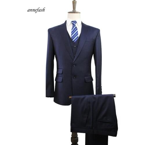 Custom Made high quality worsted 150s pure wool blue navy Mens business suit 3 pcs slim fit wedding suit jacket pants vest