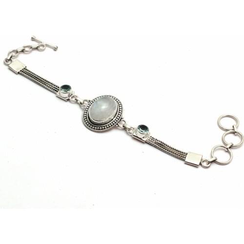 Genuine Rainbow Moonstone + Blue Topaz Bracelet 925 Sterling Silver, Women Fine Jewelry Gift, 19.5 cm, MHBBR0167