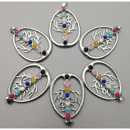 Natural Gem Stone 7 Chakra Healing Reiki Chakra Meditating tree leaf Pendant Charm Beads 12pcs Free Shipping