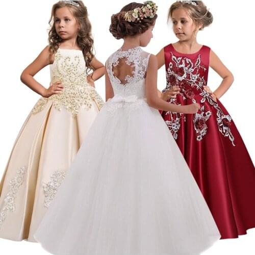 2020 New Princess Lace Dress Kids Long Flower Embroidery Dress For Girls Pageant Children Formal Ball Gown Dresses Wedding Party